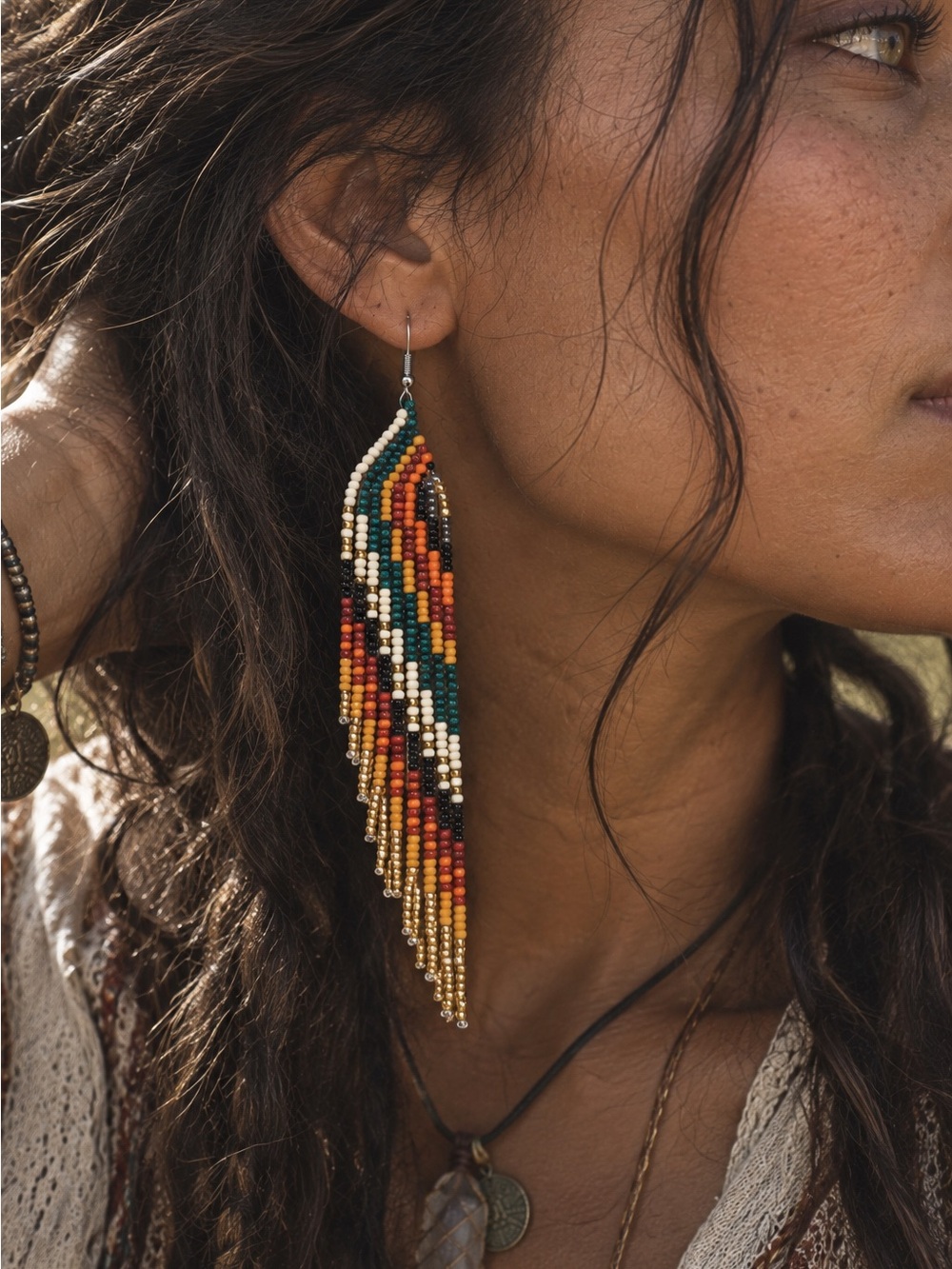 Boho Desert Sunset Multicolor Seed Bead Fringe Earrings - Picture 2 of 3